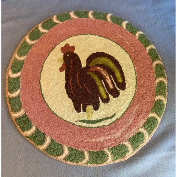 Buttermold Rooster Hooked Rug Chair Pad 15 inch Vintage - Picture 6 of 9